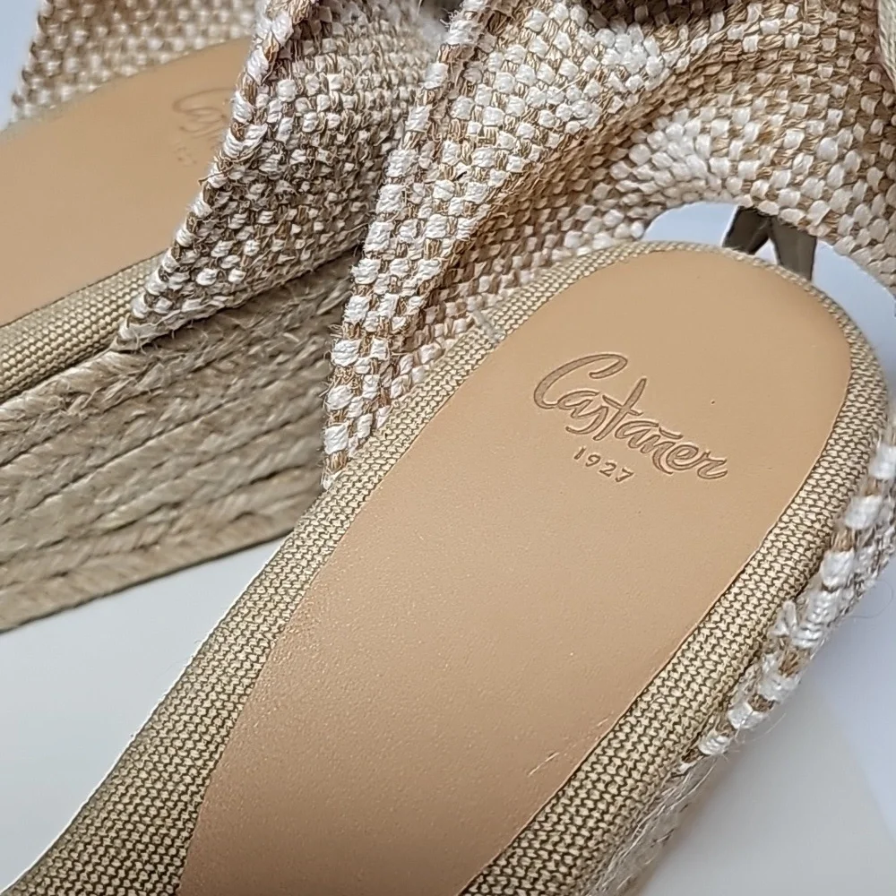 NWB Castaner Carina Sand Canvas Espadrille Wedge Ankle Tie Sandals 10 Jute Heels